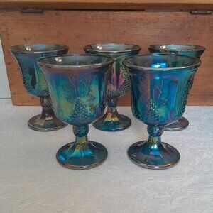 VTG Blue Carnival Glass "Harvest Grape"  Goblets, Set of 5